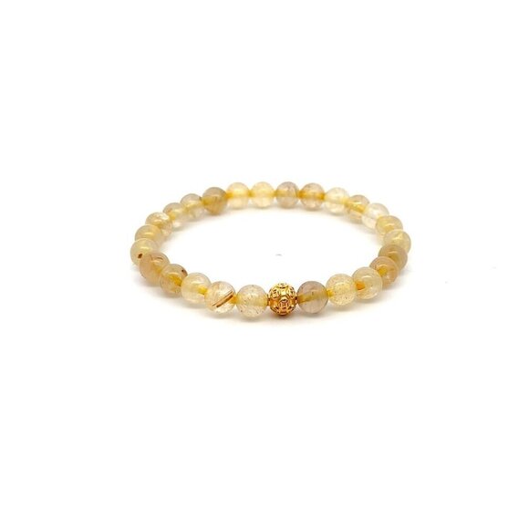 RAFANTHIA Jewelry - 18K Gold Money Coin Ball Lucky Charm Bracelet Gemstones Rutilated Quartz 6mm